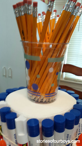 Stick on the Dixie cup. Then I added 24 pre-sharpened #2 pencils.